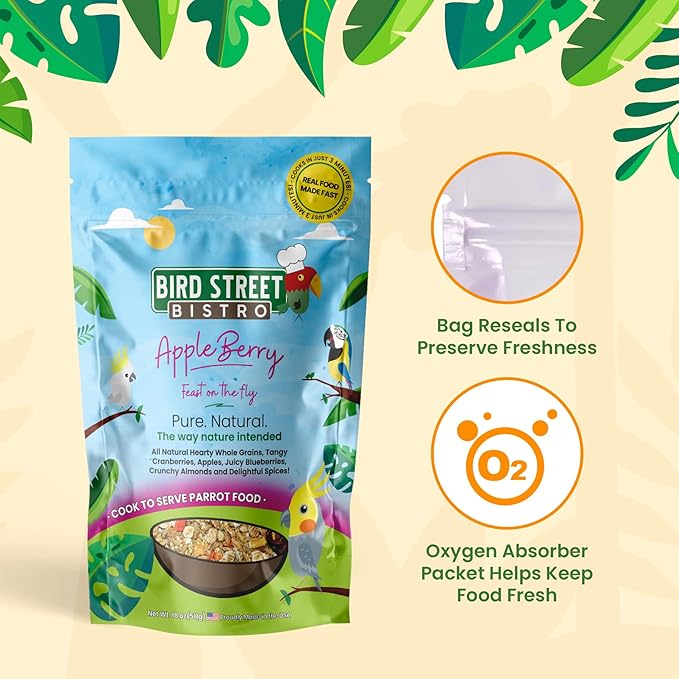 Bird Street Bistro Parrot Food - Parakeet & Cockatiel Food - Cooks in 3-15 min with Natural & Organic Grains, Legumes, Non-GMO Fruits, Vegetables & Health-Oriented Spices