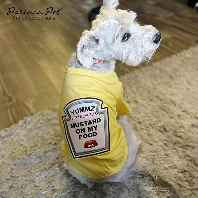 Parisian Pet Dog Shirt - Embroidered “Mustard on My Food“ - 100% Cotton and Polyester Dog Clothes - Sleeved, Lightweight Costume for Dogs - Yellow Dog Shirts for Medium-Sized Dogs - Pet Costumes - M