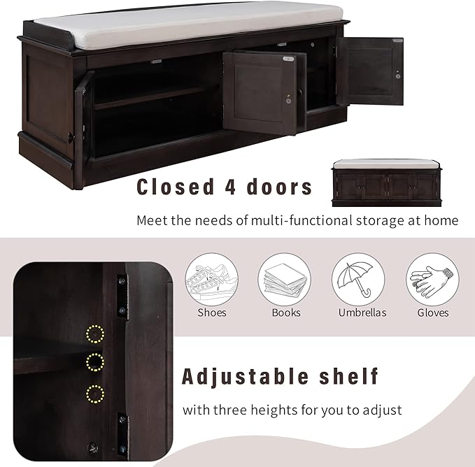 Shoe Storage Bench with 4 Doors and Adjustable Shelves, Shoe Bench with Removable Cushion for Living Room Entryway 42.7" L * 16" W * 17.4" H Espresso