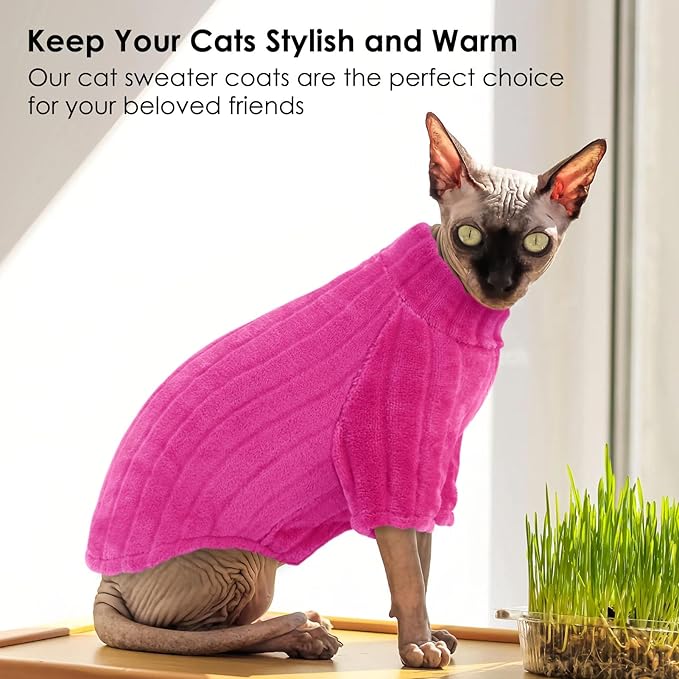 SUNFURA Sweaters for Cats, Hairless Sphynx Sweater Kitten Pullover with Sleeves, Warm and Soft Cat Pajamas Fleece Sweatshirt Jumpsuit, Turtleneck Clothes for Fall Winter, Hot Pink S