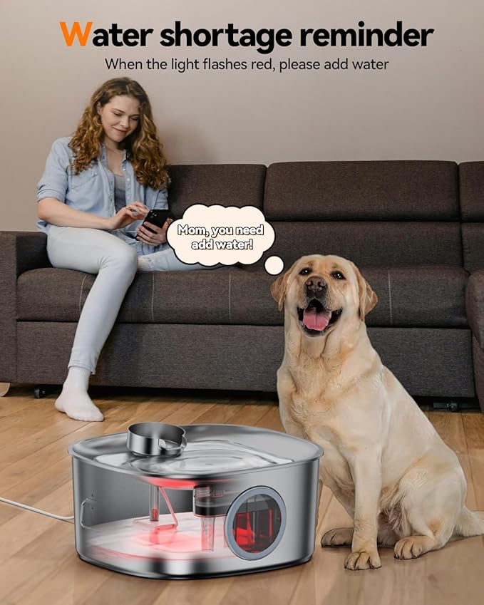 Dog Water Fountain Stainless Steel, 11L/2.8Gal Large Pet Water Fountain for Large Dogs Inside, Dog Fountain Water Bowl Automatic Dispenser with Visible Window & LED, Ultra Quiet for Dogs and Multi-Pet