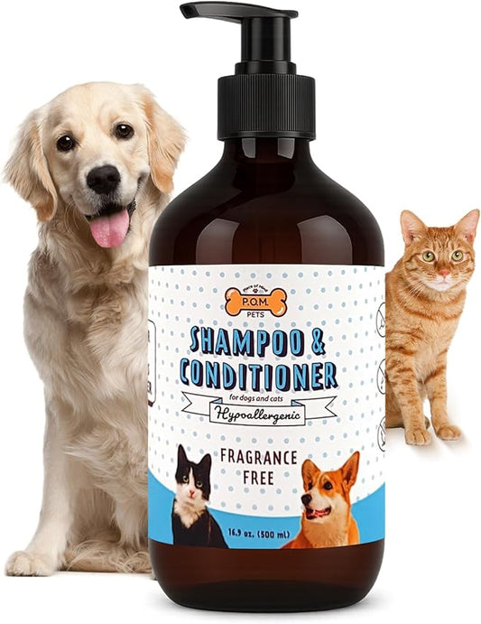 POM Pets 2-in-1 Organic Dog Shampoo & Conditioner – Itchy Skin Relief, Dog Deshedding, Detangles Fur, Cat Shampoo, Paw Cleaner for Dogs, Natural Coat Defense Formula