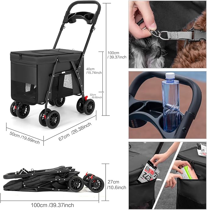 Pet Stroller Cat Dog Stroller Travel Folding Pet Carriers(Black)