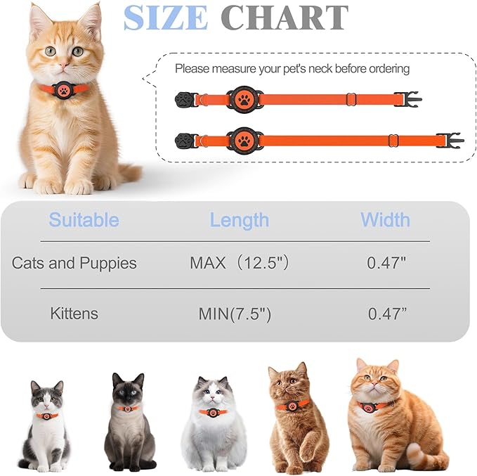 Airtag Cat Collar, Stretchy Kitten Collar with Apple Air Tag Holder, Lightweight and Comfortable, Ultra Elastic GPS Cat Collars for Cats Kittens and Puppies, 8-12.5 inch, Orange