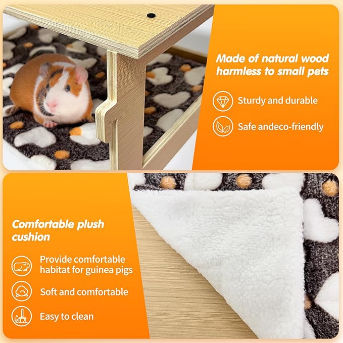 Guinea Pig Hideout,Natural Wood Removable Guinea Pig Bed, Small Animal Habitat with Hanging Hammock/Staircase/Cushion, Suitable for Small Animals to Hide, Rest, Play