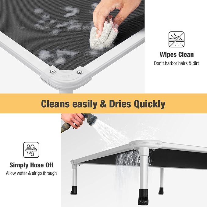 Veehoo Chew Proof Elevated Dog Bed - Cooling Raised Pet Cot - Silver Aluminum Frame and Durable Textilene Mesh Fabric, Unique Designed No-Slip Feet for Indoor or Outdoor Use, Black, Medium, CWC2003