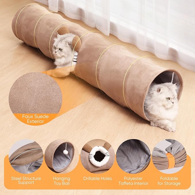 Collapsible Cat Tunnel Straight Tube for Indoor Cats & Kittens Large Foldable Play Cave Toy with Hanging Ball & Peek Hole,Ideal for Rabbits, Ferrets, Puppies & Small Pets