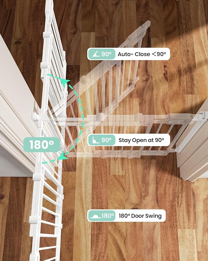 Grownsy Baby Gate for Stairs- No Bottom Bar, Adjustable Width 29.8โ to 43.5โ for Child and Pet, Dog Gate with Auto-Close & One-Hand Operation, Screw-in Installation for Doorways and Indoor Use