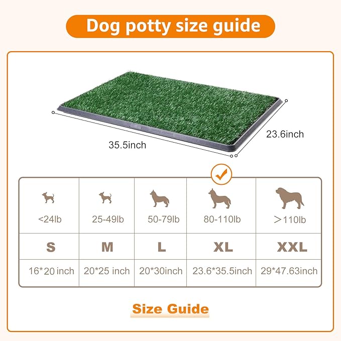 LOOBANI Dog Grass Pad with Tray Large Dog Litter Box, Indoor Potty for Apartment and Patio Training, with 2 Packs Fake Grass Pee Pads for Replacement (Tray Potty 23.6 * 35.5inch)