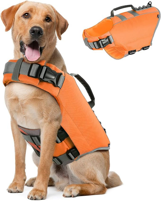 Pawaboo Dog Life Jacket, Reflective Dog Safety Vest Adjustable Pet Life Preserver with Strong Buoyancy & Sturdy Rescue Handle, Ripstop Dog Lifesaver Vests for Swimming, Boating, XL, Orange
