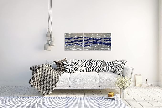 SYGALLERIER Abstract Coastal Metal Wall Art Handcrafted Big 3D Blue and Silver Artwork Modern Sea Waves Pictures Contemporary Sculpture for Living Room Bedroom Bathroom Decor