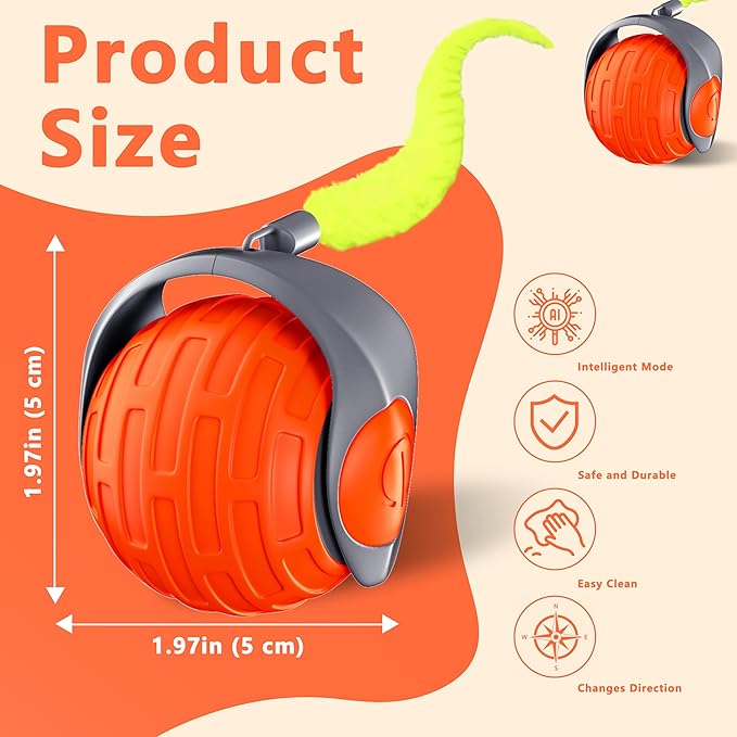 Cat Toys,Interactive Cat Toys Ball for Bored Indoor Cat,Automatic Rolling,Drop Resistant and Obstacle Avoidance,2 Modes Adjustment,Fluffy Tail and USB Type-C Rechargeable(Orange)