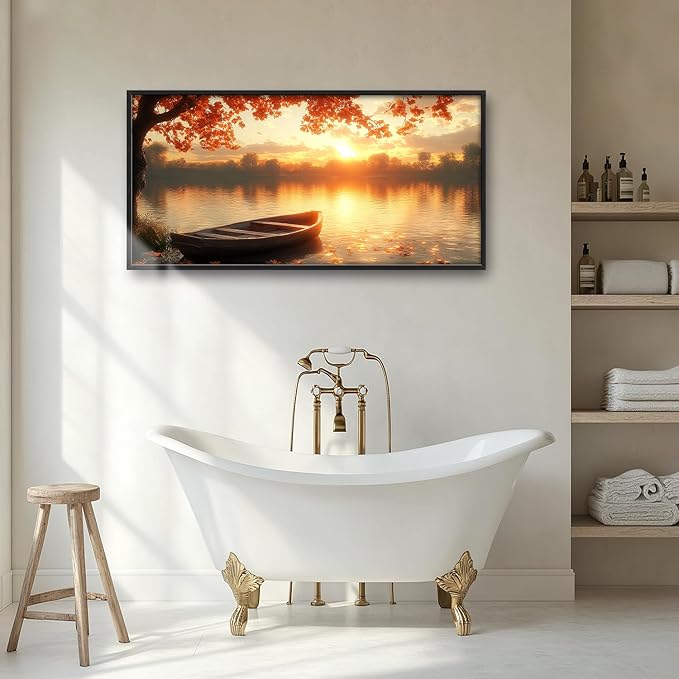 Large Lake Sunrise Landscape Wall Art for Living Room, Nature Boat Canvas Oversized Wall Decor, River Scenery Framed Pictures Painting Print Artwork for Bedroom Office 60"L x 30"W