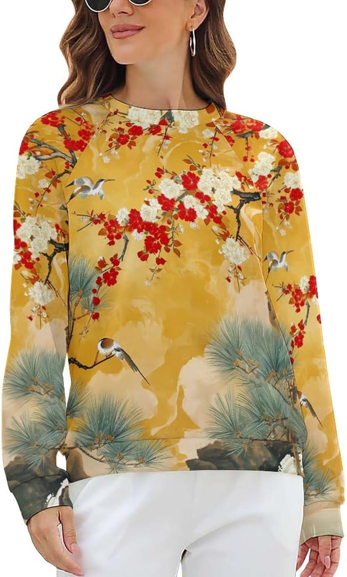Womens Long Sleeve Tops Y2k Japanese Art Print Sweatshirts Fall Pullover for Women Crewneck Vintage Shirts Boho Tops