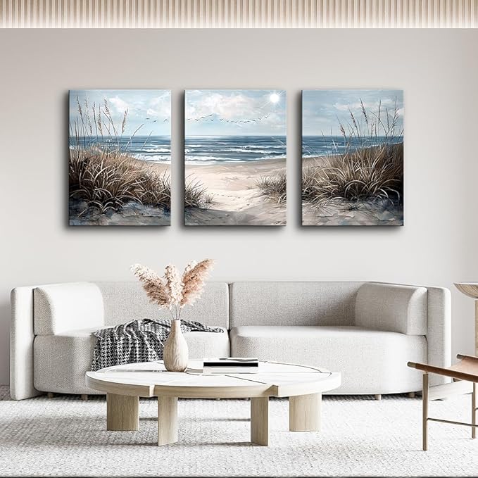 TTHYUEWS Canvas Wall Art For Living Room Wall Decor For Bedroom Modern Office Canvas Art Office Decor Blue Sea Beach Wall Paintings Prints Pictures Artwork Ready To Hang Home Decor 16" X 24"3 Piece