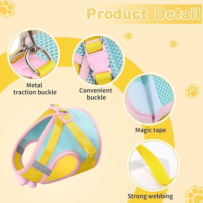 Cat Harness and Leash Set for Walking Escape Proof, Adjustable Kitten Harness Breathable Mesh with Reflective Strips Harness with Flower for Kitty Puppy Bunny Yellow Small