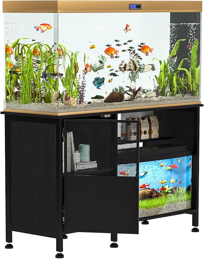 Fish Tank Stand, Modern Aquarium Stand with Built-in Cabinet and Shelves - Sleek Black Iron and Wood Grain Design for Stylish Home Décor( 51.97" x W 19.69" x H 31.5") Black
