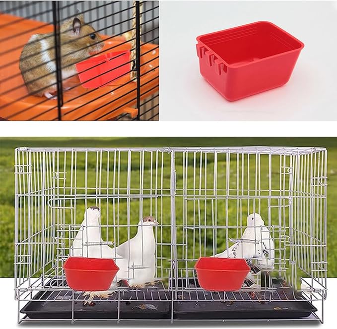 10 Pack Square Cage Cups Birds Feeders,Hanging Bird Chicken Feeder Waterer Cups,Plastic Drinker Quail Cage Waterer,Feeding Bowl for Rabbit Pigeon Parrot Parakeet Gamefowl,Red