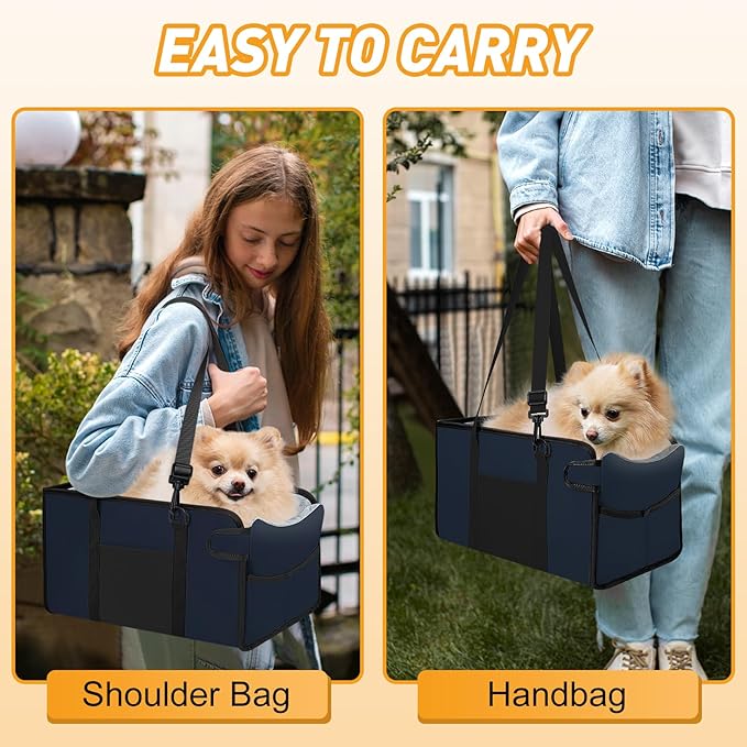Portable Dog Car Seat for Small Dogs - Adjustable Safety Leash, Washable Cushion & Storage Pocket - Pet Booster Seat for Car Travel- Navy Blue