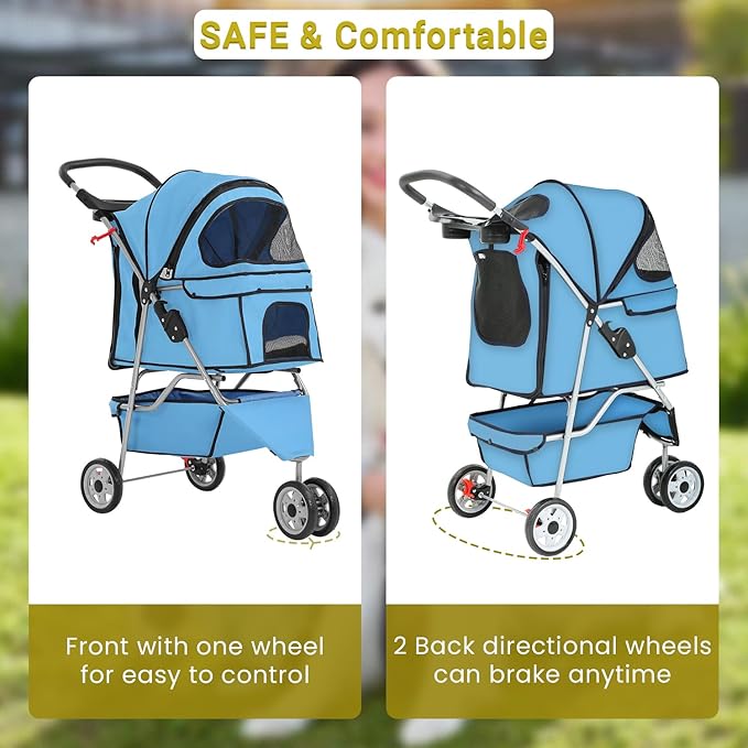 Foldable Pet Stroller for Cats and Dogs 3 Wheels Carrier Strolling Cart with Weather Cover, Mesh Panels,Storage Basket Cup Holder,Blue