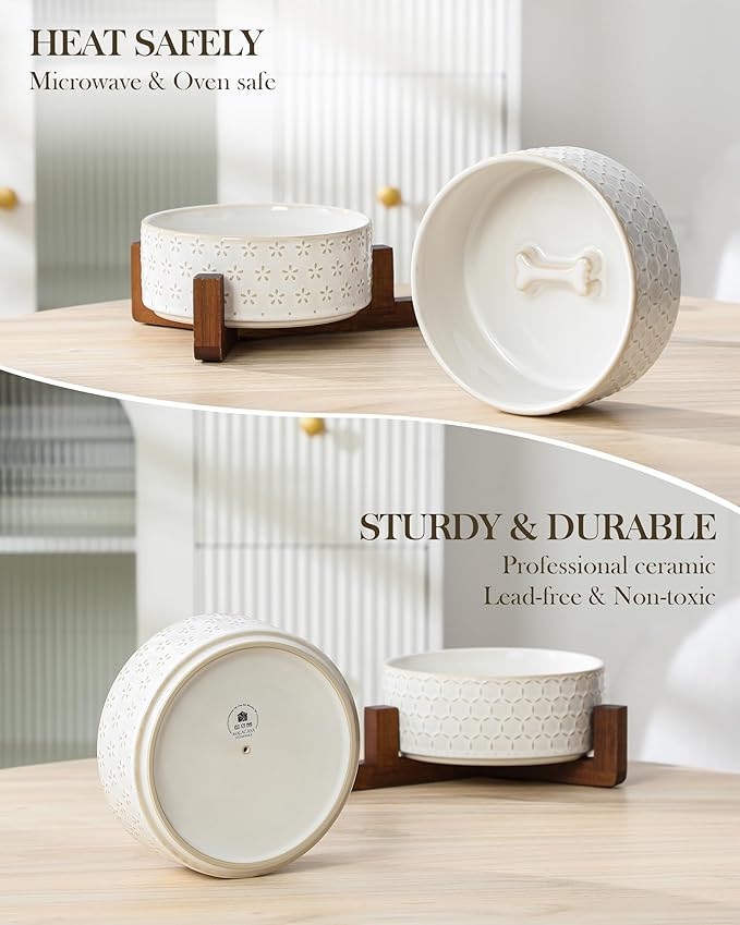 MALACASA Dog Bowl Set with Walnut Wood Stand, 3.5 Cups Ceramic Pet Bowls for Puppy Dogs, Dual Food and Water Bowls with Non-Slip Base, Basic Bowls for Your Dog or Cat, Five-Leaf Grass & Honeycomb