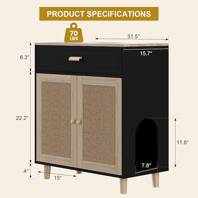 Cat Litter Box Enclosure Furniture Hidden Indoor 2-in-1 Wooden Cat House & Washroom Cabinet with Scratching Board Doors and Drawer, 31.5"x15.7"x34.6"H - Black