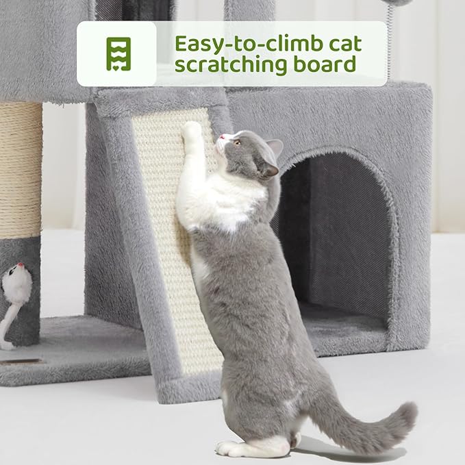 24inch Tall cat Tree with 2 cat condo and Mouse Toy Cozy Small cat Tower with Scratching Post and Board for Kitties and Small Cats.(Light Grey)