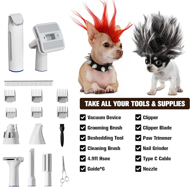 Dog Grooming Vacuum & Kit, 15 Pet Grooming Tools, Max 11 Kpa, 2 L Capacity, Pet Groomer for Dogs/Cats/Home
