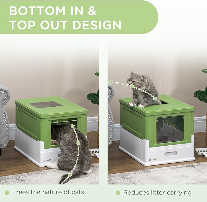 PawHut Fully Enclosed Cat Litter Box with Scoop, Hooded Cat Litter House with Drawer Type Tray, Foldable Smell Proof Potty with Front Entry, Top Exit, Large Space, Yellowish Green