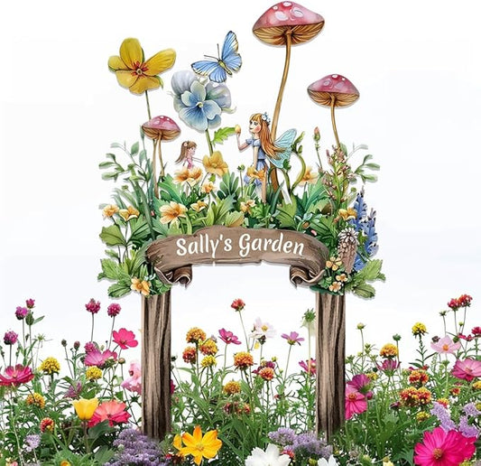 Personalized Cute Fairy Metal Sign with Stake,Custom Gardener Family Name Signs Outdoor Decor,Customized Butterfly Gardening Gifts for Mother,Flowers Plaques Decorate for Garden Patio Lawn Porch Yard
