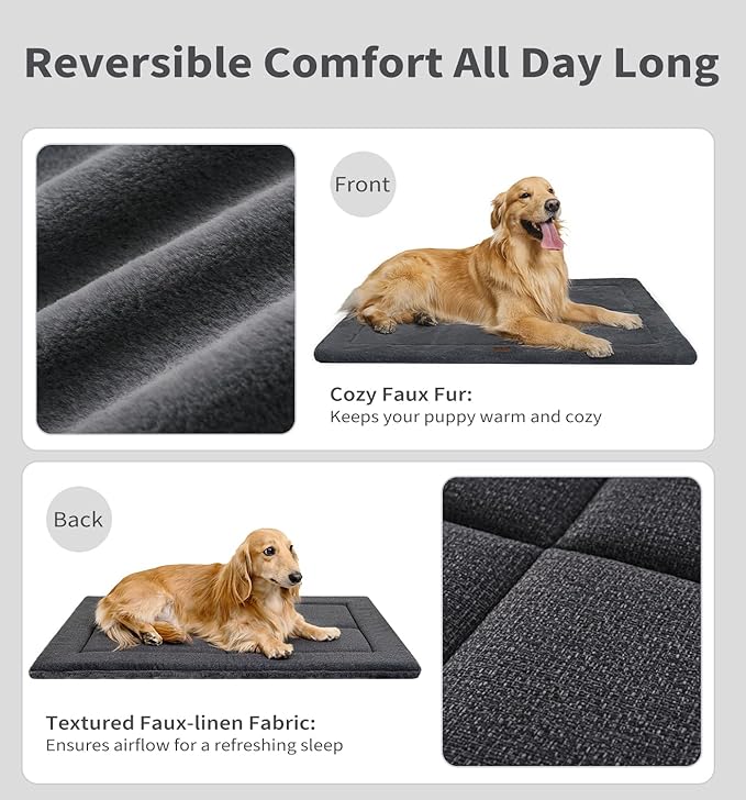 Made4Pets Dog Crate Pad Bed for Extra Large Dogs, Washable & Reversible, Anti-Slip Kennel Mat for Cozy Sleeping, Soft Fluffy Dog Bed for Indoor & Outdoor Use, 48"x30", Dark Gray