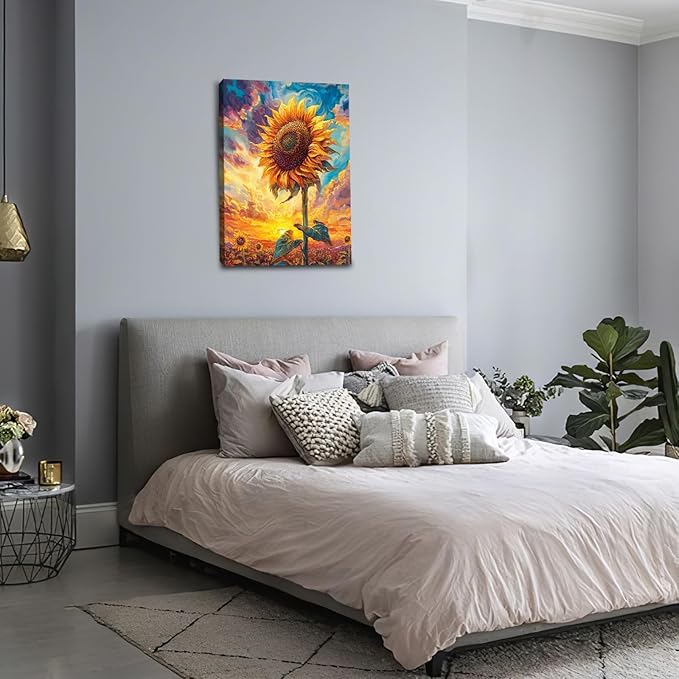 Sunflower Wall Art Canvas Yellow Floral Wall Decor Prints Framed Painting Pictures Gifts Artwork for Bathroom Bedroom Living Dining 16"x24"