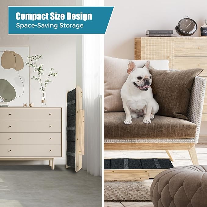 Wood Pet Stairs/Pet Steps for All Dogs and Cats - 2-in-1 Foldable Carpeted 3 Tiers Dog Stairs & Ramp Perfect for Beds and Cars - Portable Dog/Cat Ladder Up to 120 Pounds