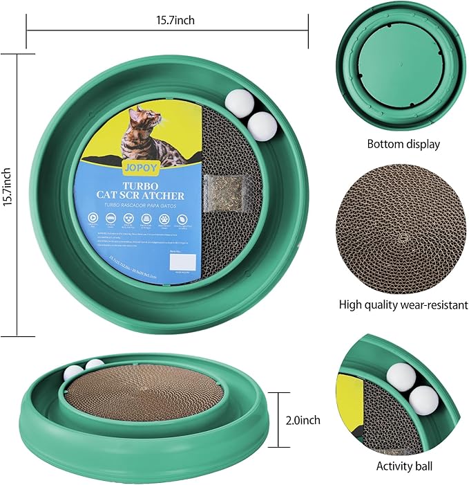 Interactive Cat Scratcher with Two Rotating Balls,Durable Scratch Pad for Indoor Play,Cardboard Cat Scratcher Pad with Cat Toy Ball Track and Catnip,2-in-1 Cat Toy (Green)