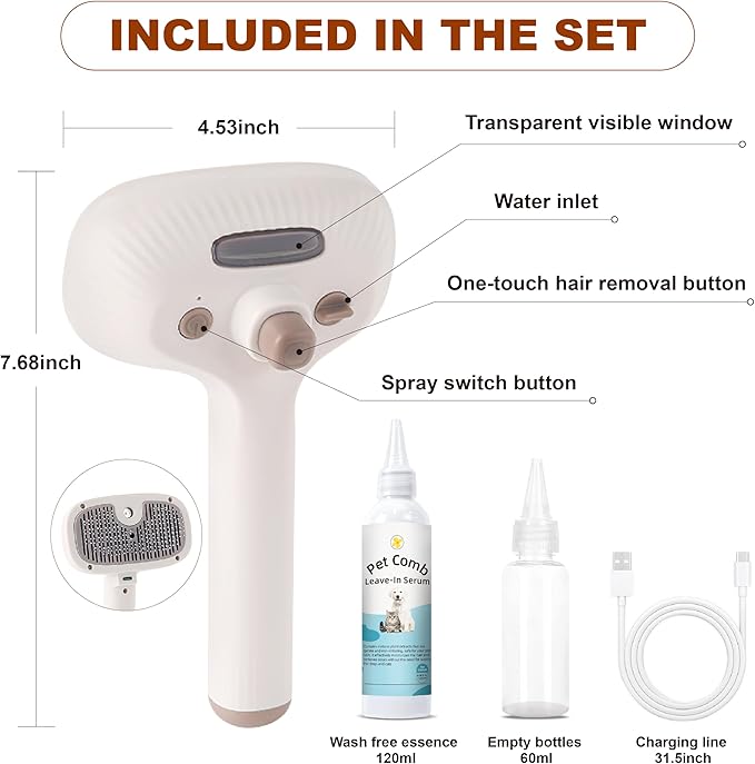 Cat Steam Brush, Dog Brush for Shedding, Pet Spray Hair Removal Comb, Pet Grooming Brush for Short & Long Haired Dogs & Cats,Spritz Defur Comb with Waterless Shampoo (White)