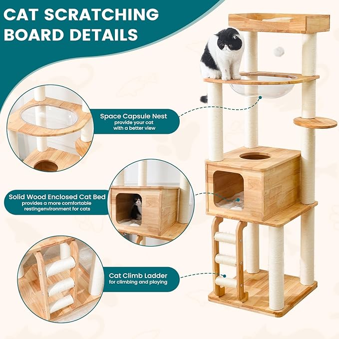 65-inch Tall Cat Tree,Cat Tower for Indoor Cats with Feel-Safe Enclosed Cat Cave、Scratching Post、Space Capsule Nest and Cat Ladder
