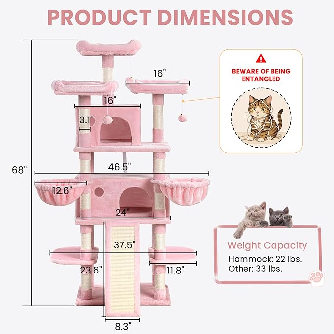 SHA CERLIN 68 Inches Multi-Level Large Cat Tree for Large Kitties/Big Cat Tower with Condo/Cozy Plush Pussycat Perches/Sisal Scratching Posts and Hammocks/Activity Center/Pink