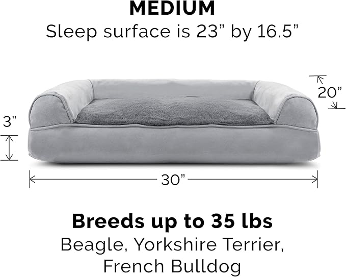 Furhaven Pillow Dog Bed for Medium/Small Dogs w/ Removable Bolsters & Washable Cover - Plush & Suede Sofa - Gray, Medium