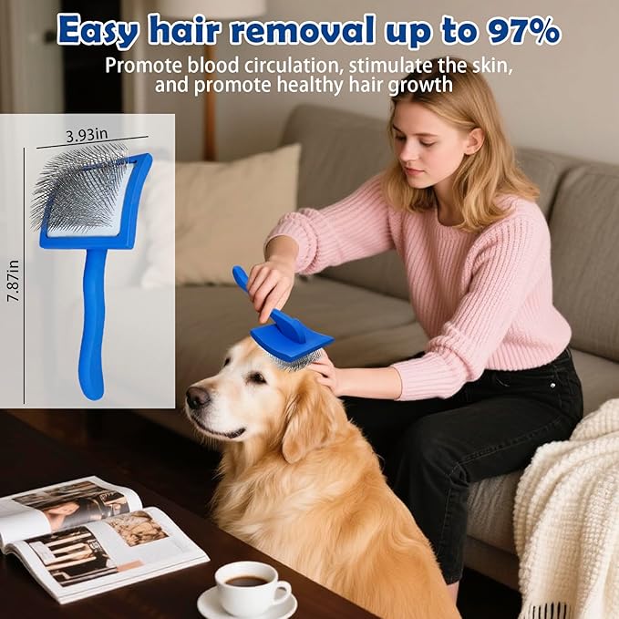 Dog Grooming Brush Set – 5-Piece Kit for Medium & Long-Haired Dogs | Includes Long Pin Brush, Flea Comb, Bath Glove, Silicone Glove, Metal Comb | For Poodles, Huskies & More (Blue)