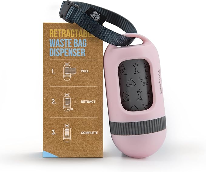 SVD.PET Dog Poop Bag Dispenser, Retractable Waste Bag Fits Any Dog Leash, Built-in Waste Bags, Poop Bag Holder, Doggy Walking Accessory (Primrose Pink)