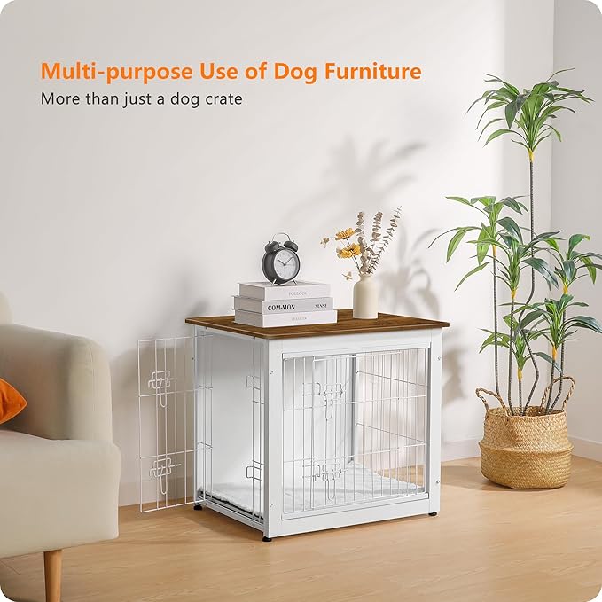 DWANTON Dog Crate Furniture with Cushion, Wooden Kennel Table with Double Doors, Indoor Dog House, Small/Medium/Large Size, 27.2" L, White+Warm Brown