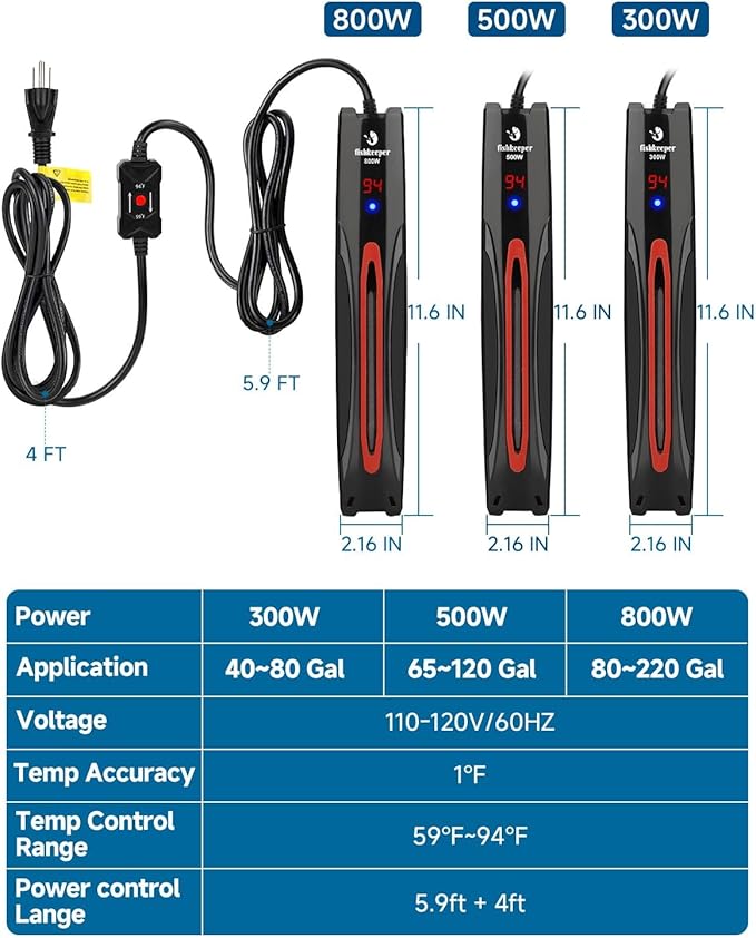 fishkeeper 300W/500W/800W Submersible Aquarium Heater for 40-220 Gal (Run-Dry/Overheat/Low-Temp Protection)(Precision Electronic Smart Thermostat)(Adjustable Temperature) Ultra-Safe Fish Tank Heater