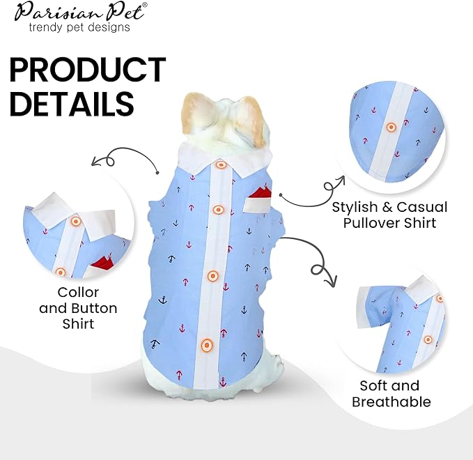 Parisian Pet Nautical Dog Shirt - 100% Cotton Anchor Clothes - Bleach and White - Sleeved - Medium