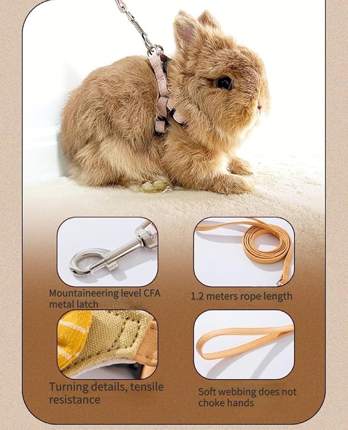 Rabbit Harness and Leash - Adjustable Bunny Harness Escape Proof for Walking Runnig Hiking Camping Outdoor - Cute Small Animal Harness Leash Set (Medium,Yellow)