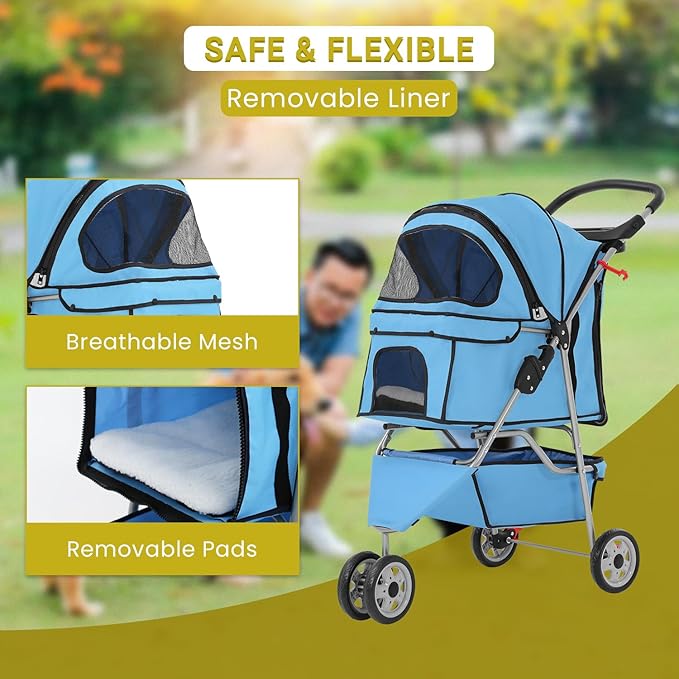 Foldable Pet Stroller for Cats and Dogs 3 Wheels Carrier Strolling Cart with Weather Cover, Mesh Panels,Storage Basket Cup Holder,Blue