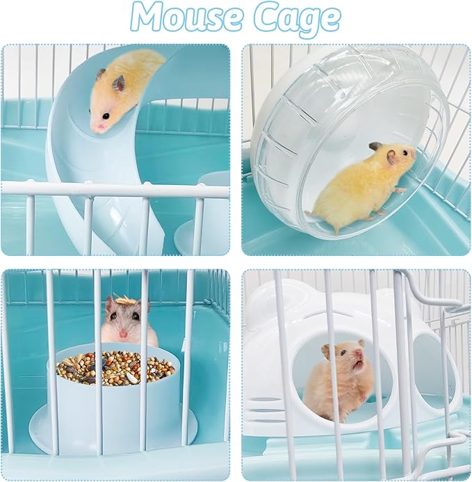 PINVNBY Dwarf Hamster Cage, Small Animal Cages, 2-Tier Travel Portable Mouse Cage Hamster Carrier with Castle House Running Exercise Wheels, Water Bottle and Food Dis(Blue)