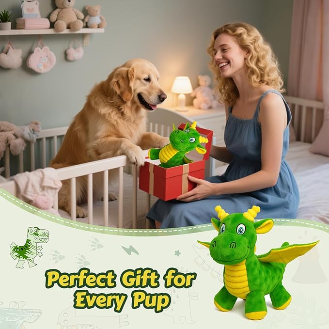 Squeaky Dog Toys - Soft Plush Dragon Dog Toy with 5 Squeakers & Crinkle Paper, Dog Toys for Small, Medium and Large Dogs to Keep Them Busy (Green,10")