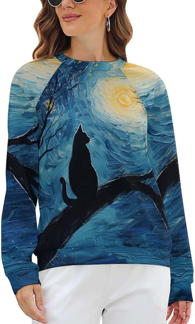 Long Sleeve Shirts for Women Cat Oil Painting Shirt 3D Graphic Sweatshirts Fall Pullover Crewneck Vintage Boho Tops
