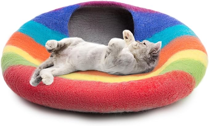 Woolygon Premium Felt Cat Cave Bed โ Wool Kitty Beds Handcrafted Kitten Caves Bed for Indoor Cats - Made from 100% Eco-Friendly Merino Wool, Foldable Cat Hidewawy Covered Cat House Pod (Rainbow Twist)