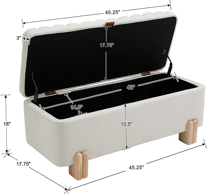 Wavy Ottoman Storage Bench Multi-Functional Narrow Entryway Bench Elegant End of Bed Bench with Storage and Safty Hinge for Living Room Entryway Hallway Bedroom Boutique, Beige